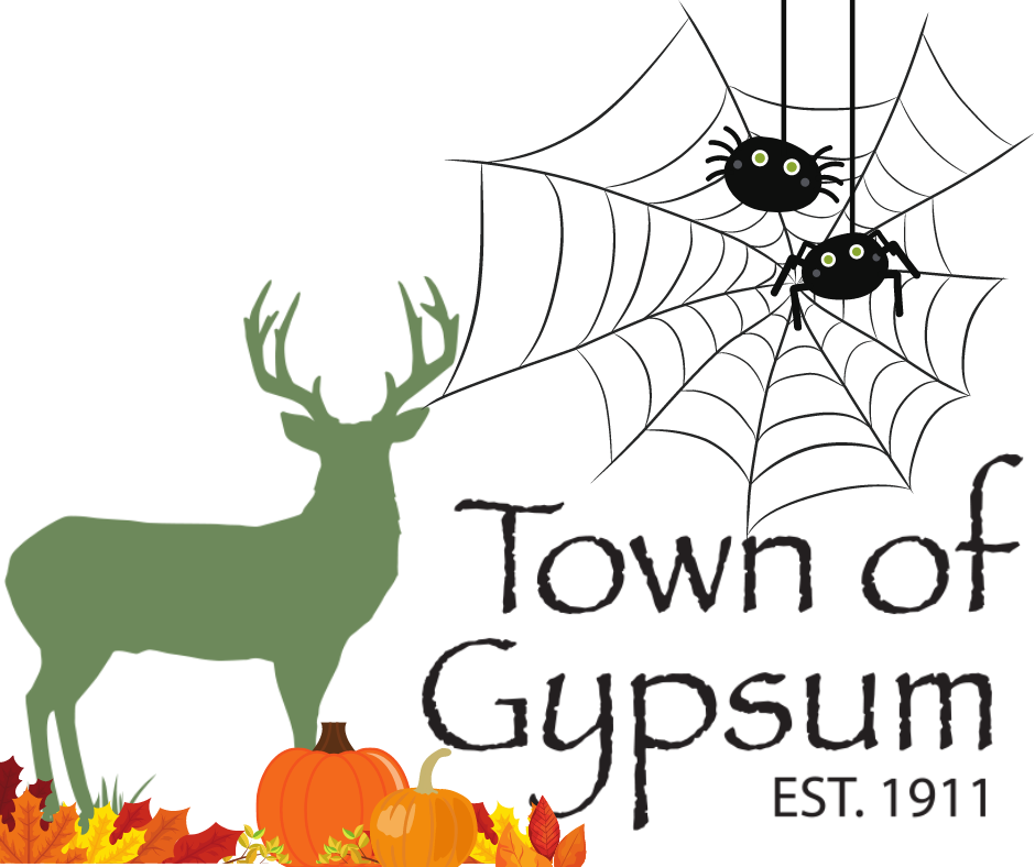 town of gypsum log with spiders and pumpkins to signify fall. Town news logo